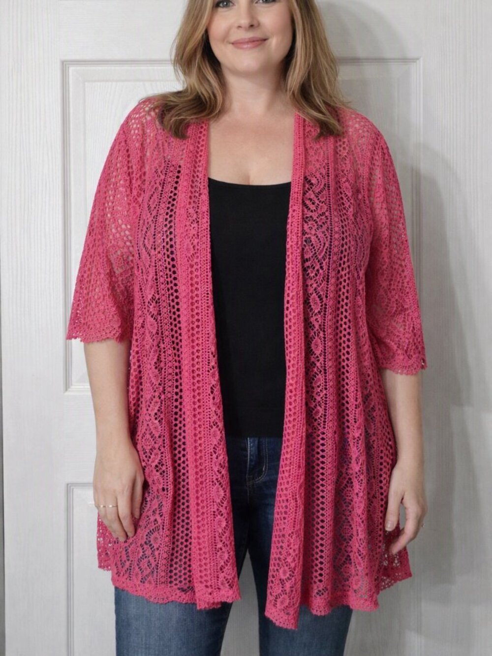 Kim Rogers Pink Crochet Cardigan Women’s M Open Front Lightweight Boho Cover Up